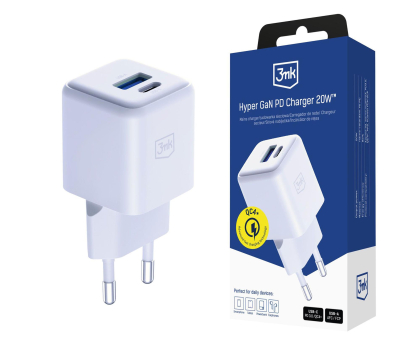 Ładowarka do smartfonów 3mk Hyper GaN Charger 20W QC4+ PD PPS USB 1A1C White EU